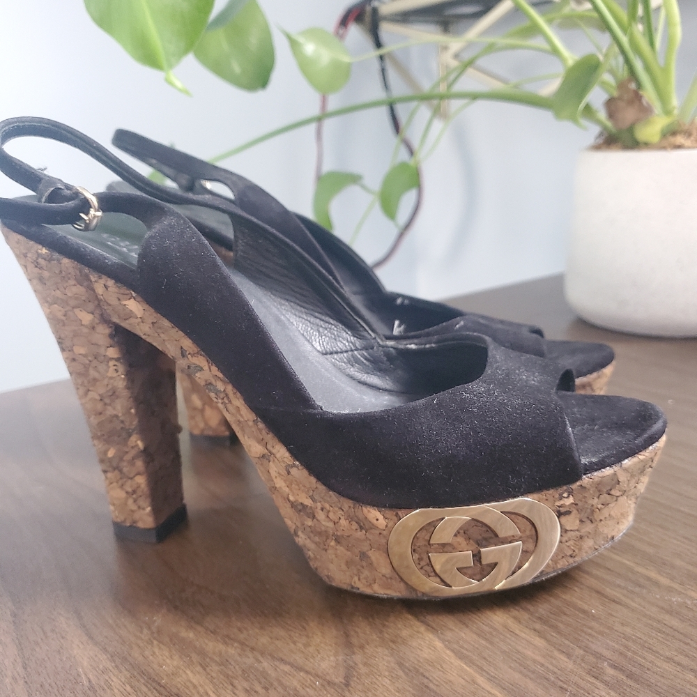 Gucci Black Suede Grease Peep Toe Cork Platform Slingback Sandals